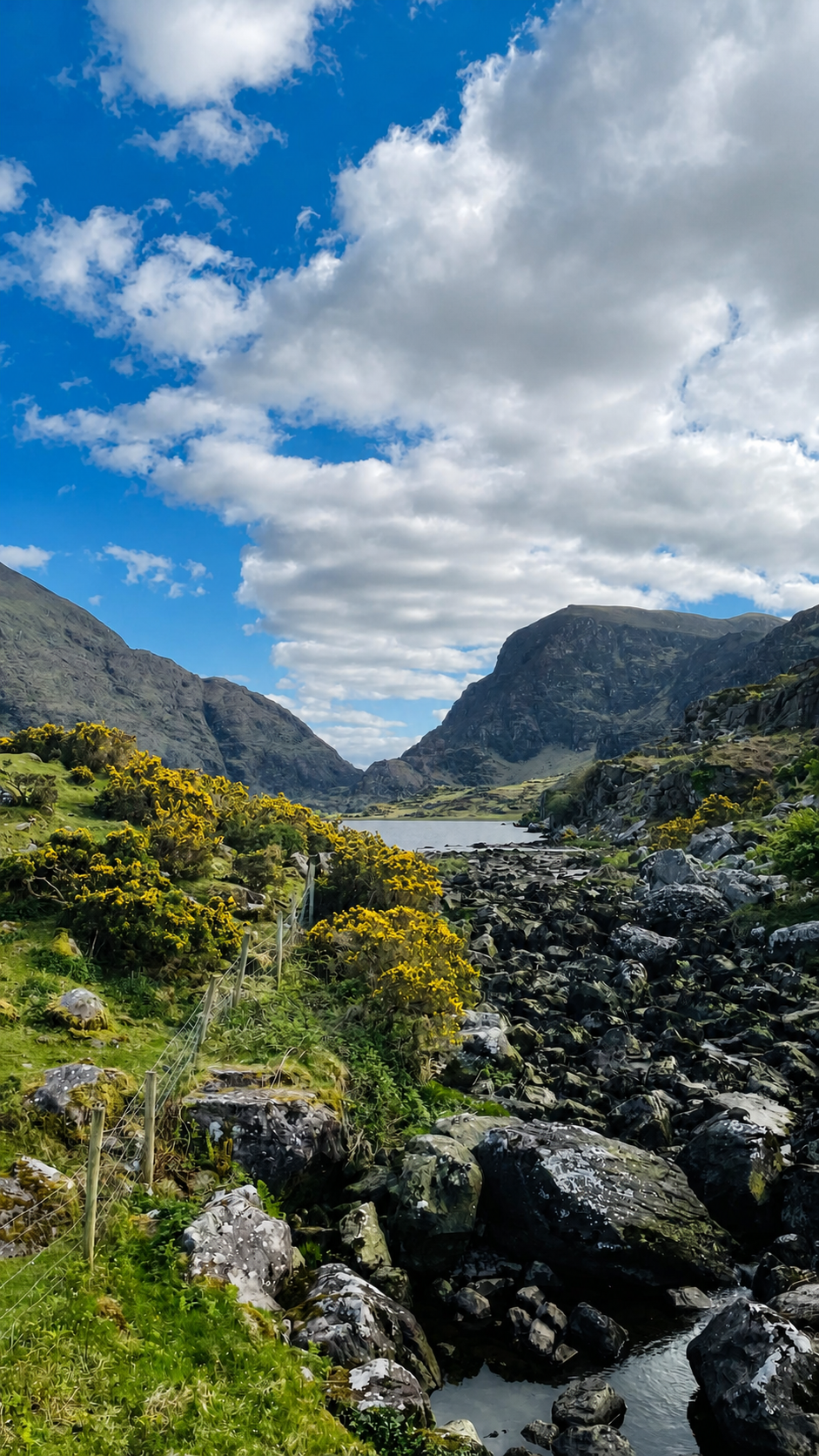 A mountain valley, lake and rocky landscape in Ireland