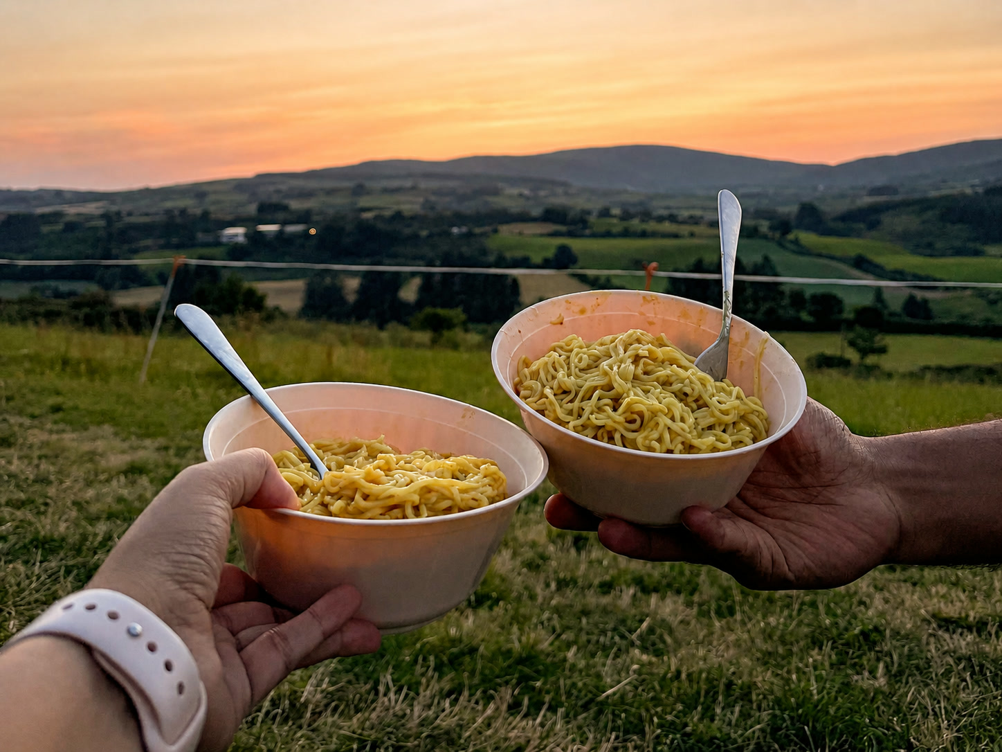 Two bowls of Maggi noodles held against the orange West Cork sunset