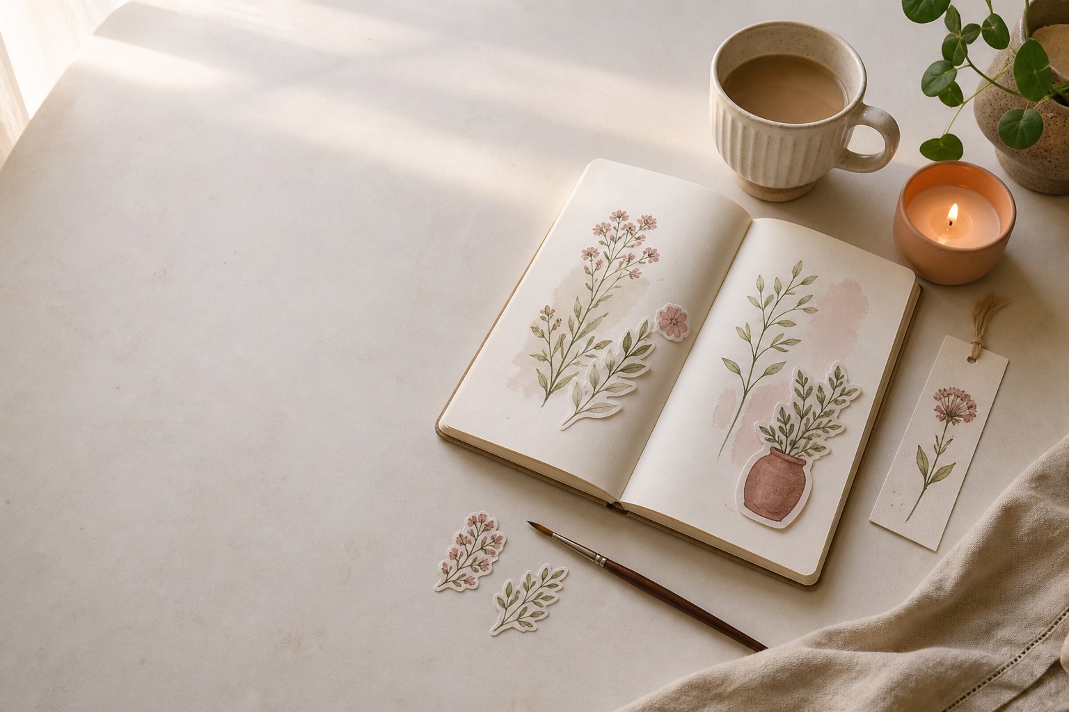 A calm creative flatlay with coffee, candle, journal, laptop and plants