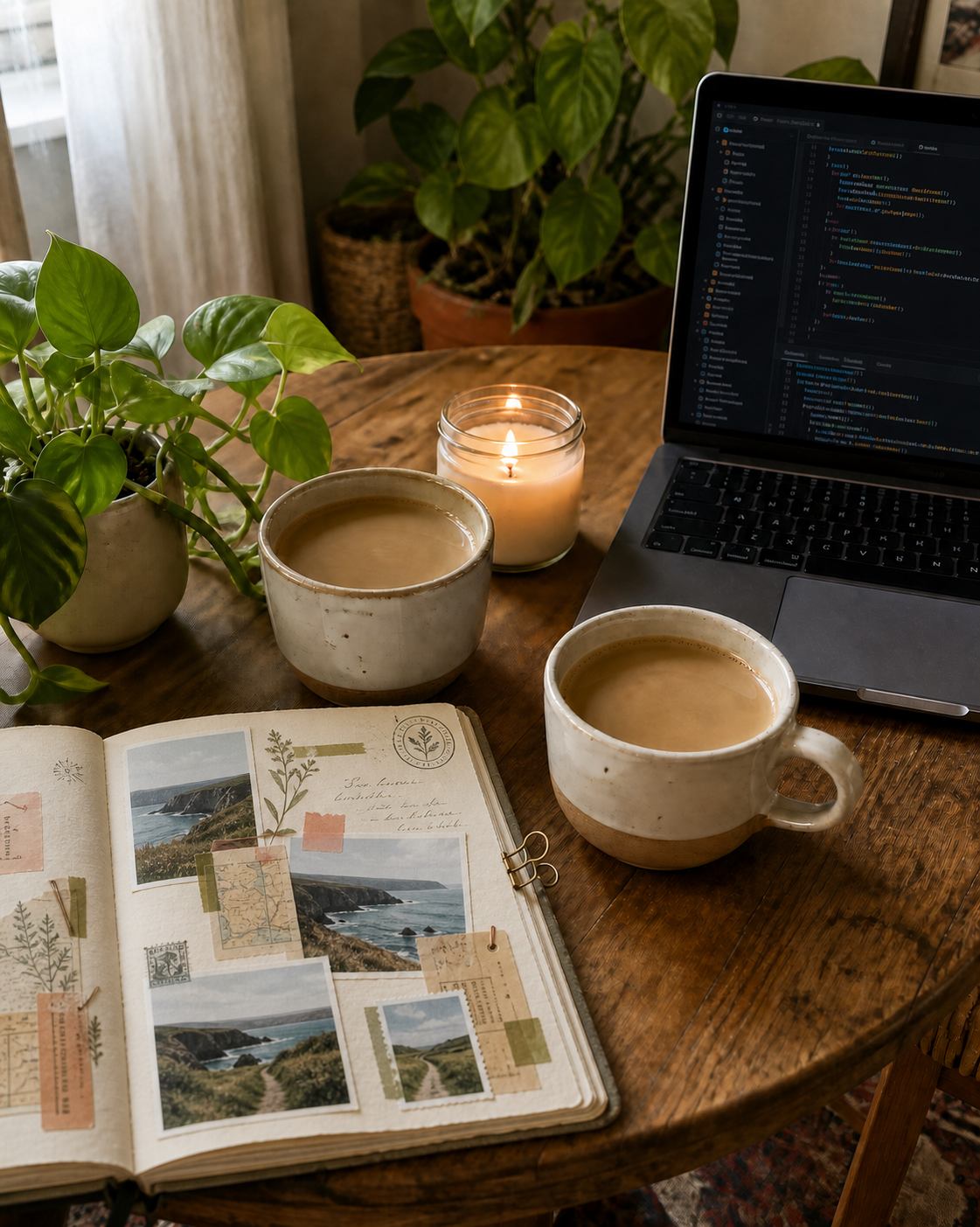 A travel journal, two coffee cups, candle, plants and a coding laptop in Apartment 303