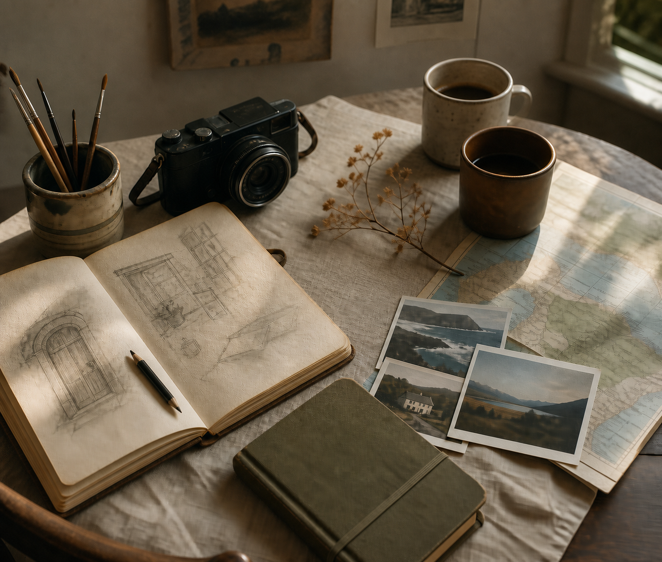 A warm home studio table with sketchbook, camera, coffee and travel photographs